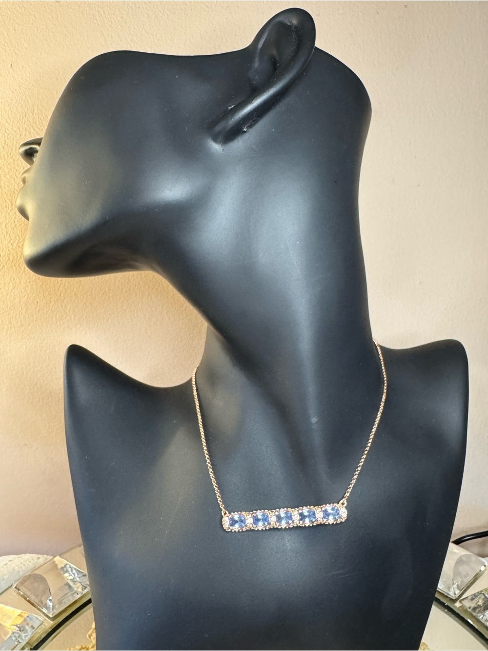 Rose Gold horizontal 5-stone Blue and Clear bar necklace
